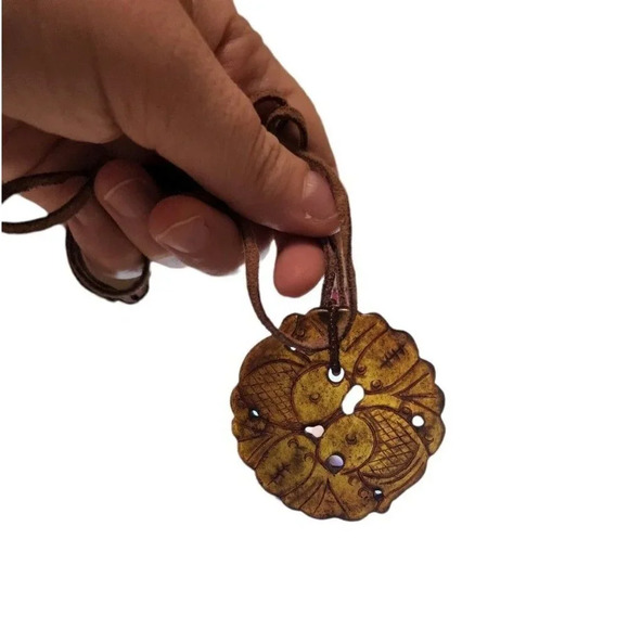 Womens Necklace Brown Jade Like Stone Carved with Koi Fish on Leather Chain - Picture 4 of 8